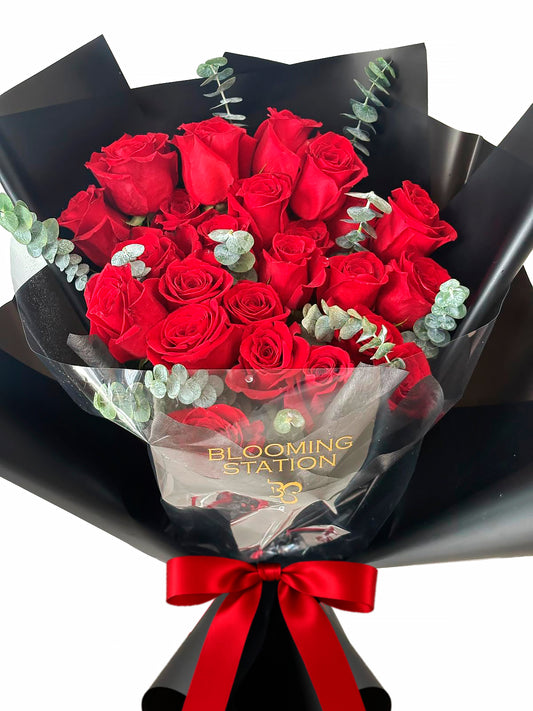 24 red roses bouquet with eucaliptus